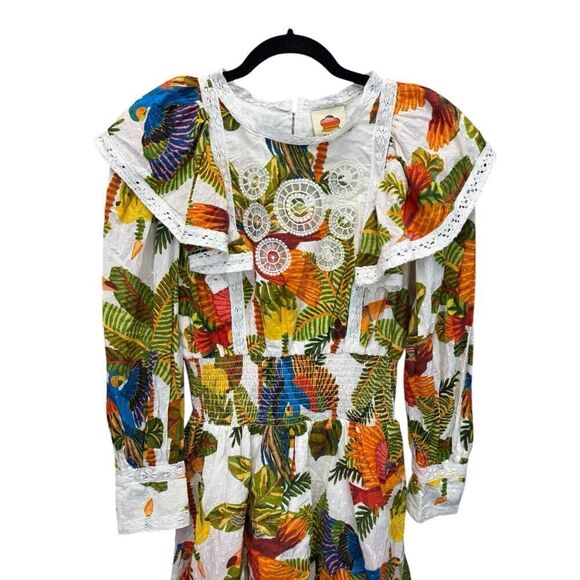 Farm Rio Tropical Birds Mini Dress Small Boho Ruffle Sleeve 100% Cotton - Picture 7 of 13